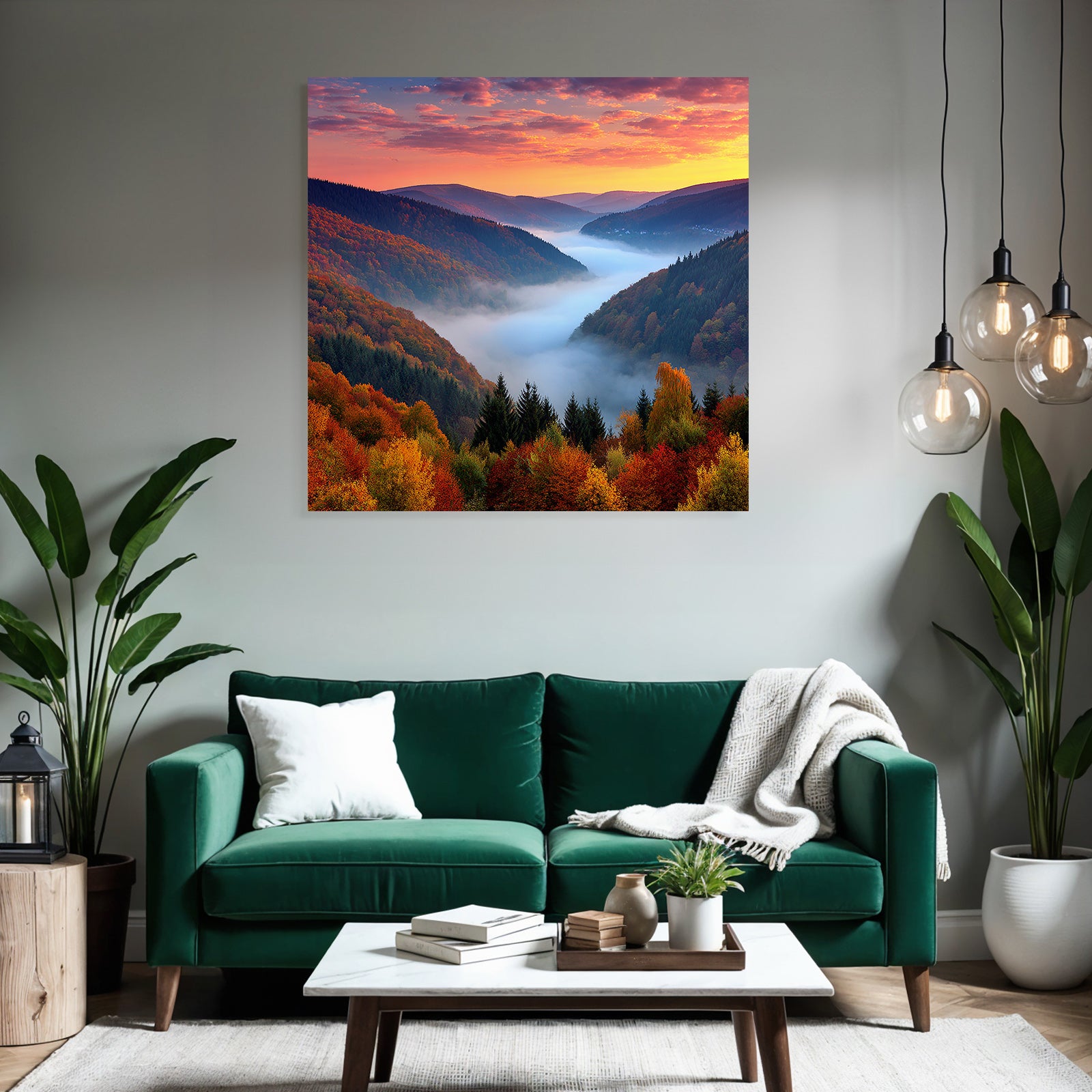 Landschaft Mit Bergen Und Nebel Im Tal Beim Sonnenuntergang