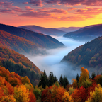 Landschaft Mit Bergen Und Nebel Im Tal Beim Sonnenuntergang | Herbst | Jahreszeiten