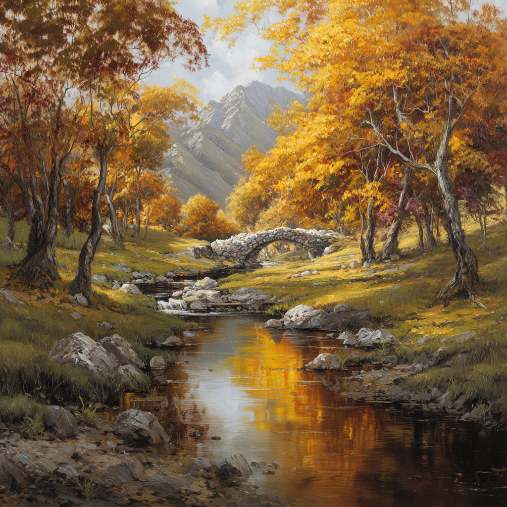 Landschaft Mit Fluss Und Brücke | Herbst | Jahreszeiten