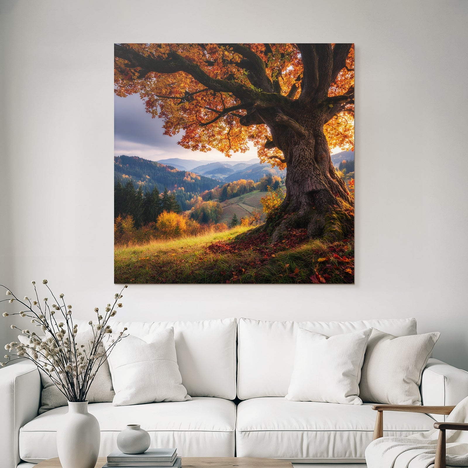 Landschaft Mit Grossem Baum Und Hügeln Sunset