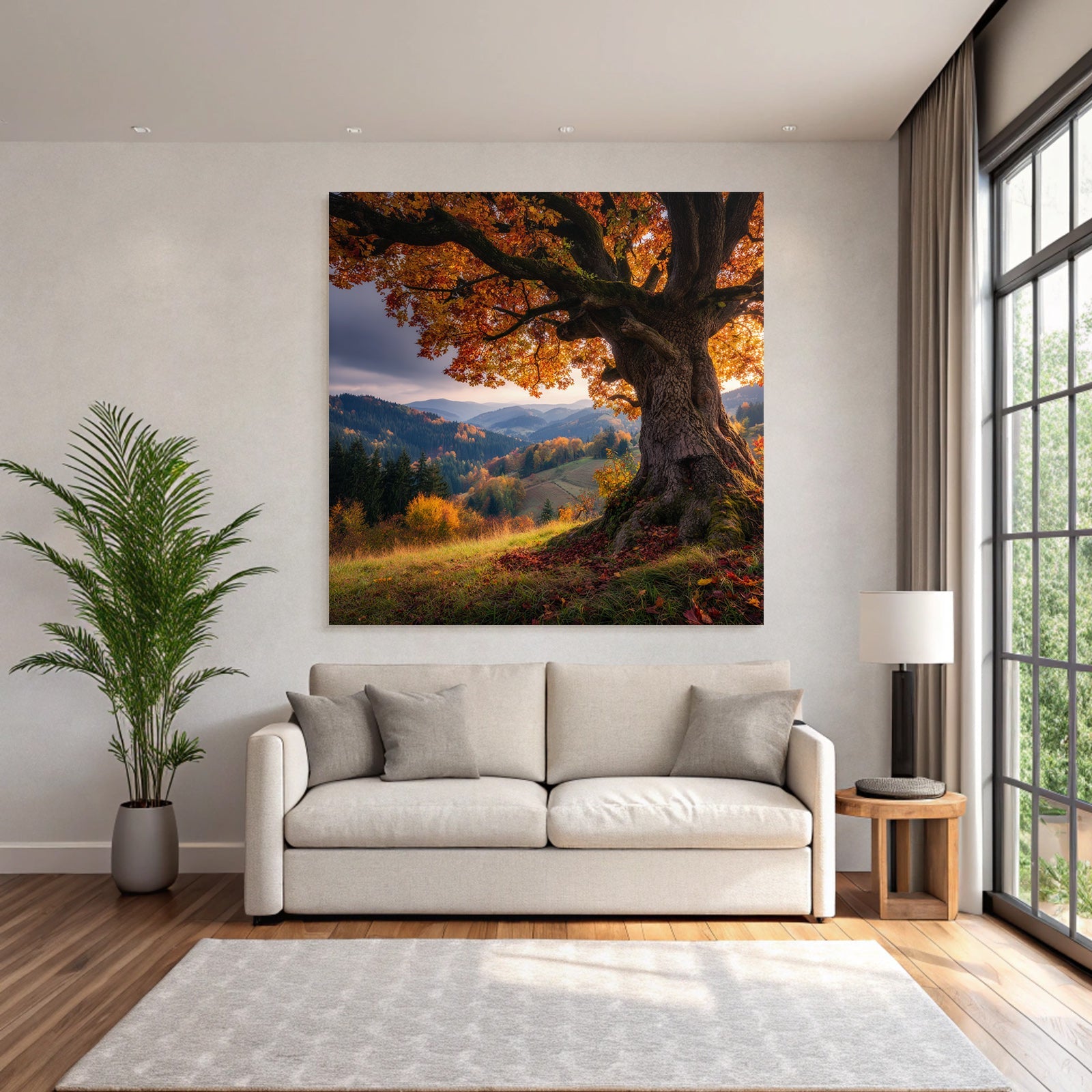 Landschaft Mit Grossem Baum Und Hügeln Sunset