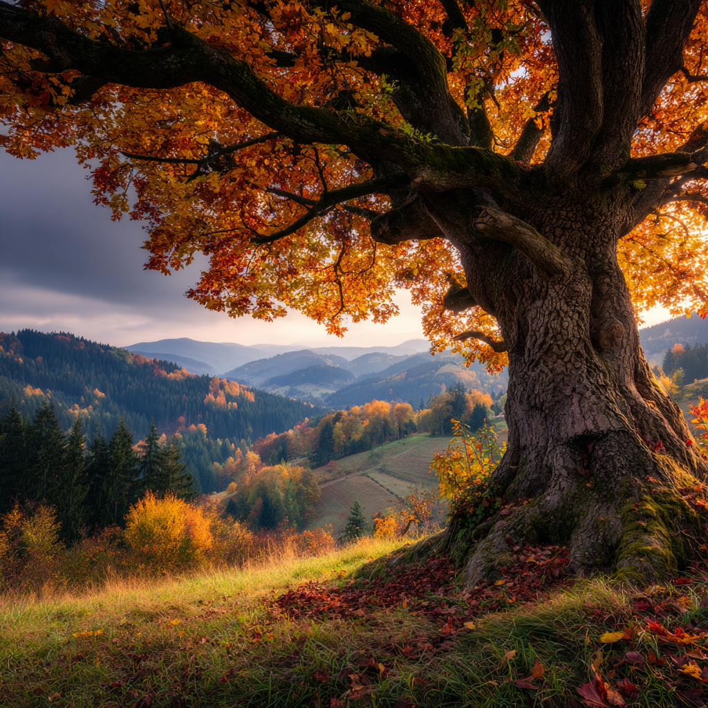Landschaft Mit Grossem Baum Und Hügeln Sunset | Herbst | Jahreszeiten