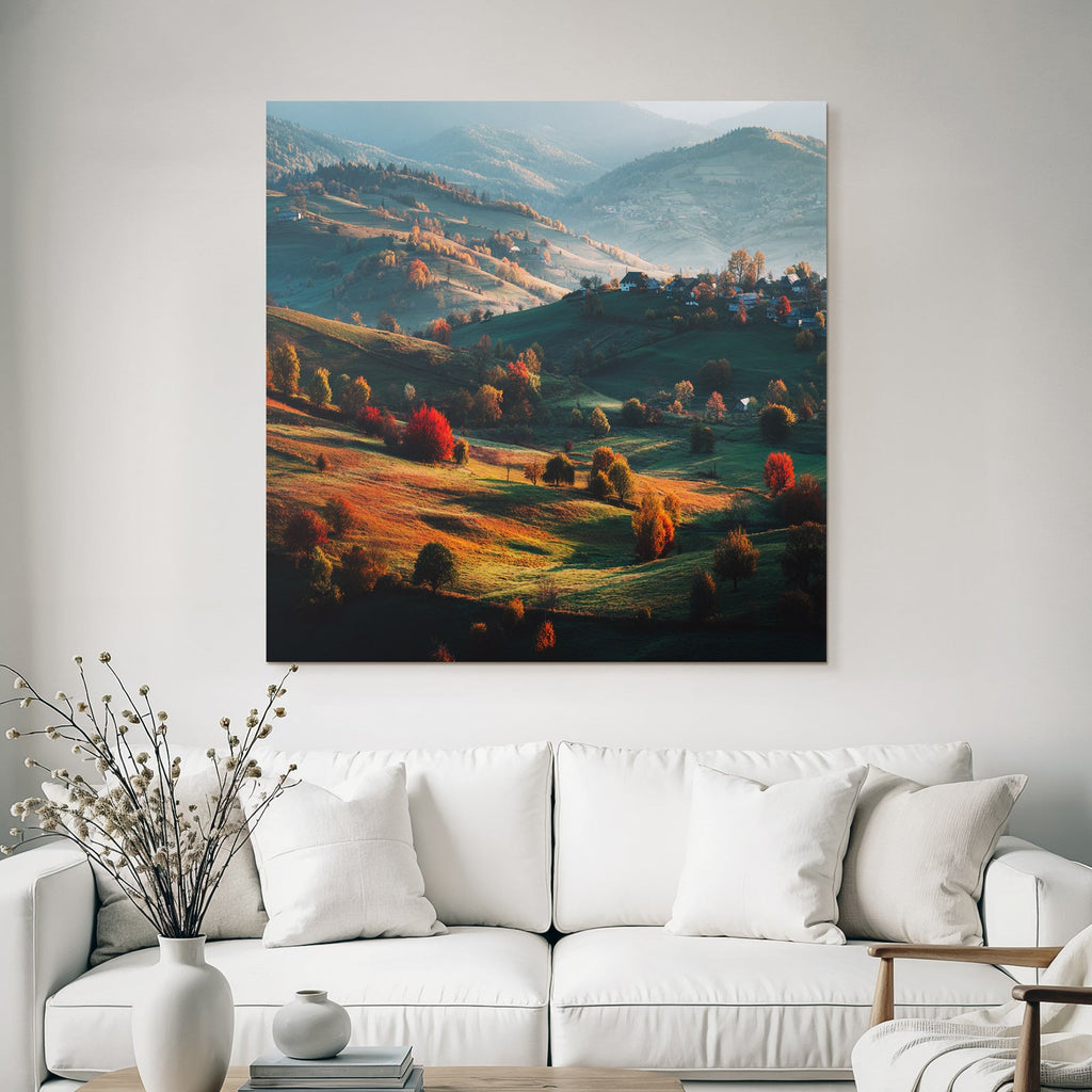Landschaft Mit Hügeln Und Bunten Bäumen