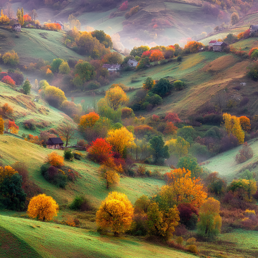 Landschaft Mit Hügeln Und Hausern Im Nebel | Herbst | Jahreszeiten