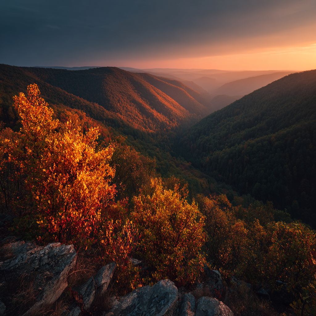 Liche Landschaft Bei Sonnenuntergang Mit Bergen Und Bunten Blättern | Herbst | Jahreszeiten