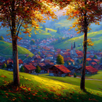 Malerische Landschaft In Einem Dorf Im Tal Mit Lichen Bäumen | Herbst | Jahreszeiten
