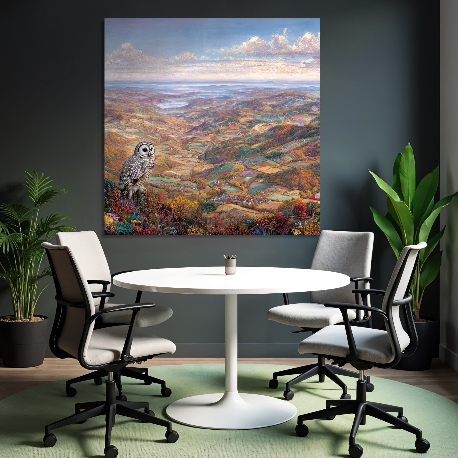 Malerische Landschaft Mit Eulen Im Autumn Folien Und Blumen