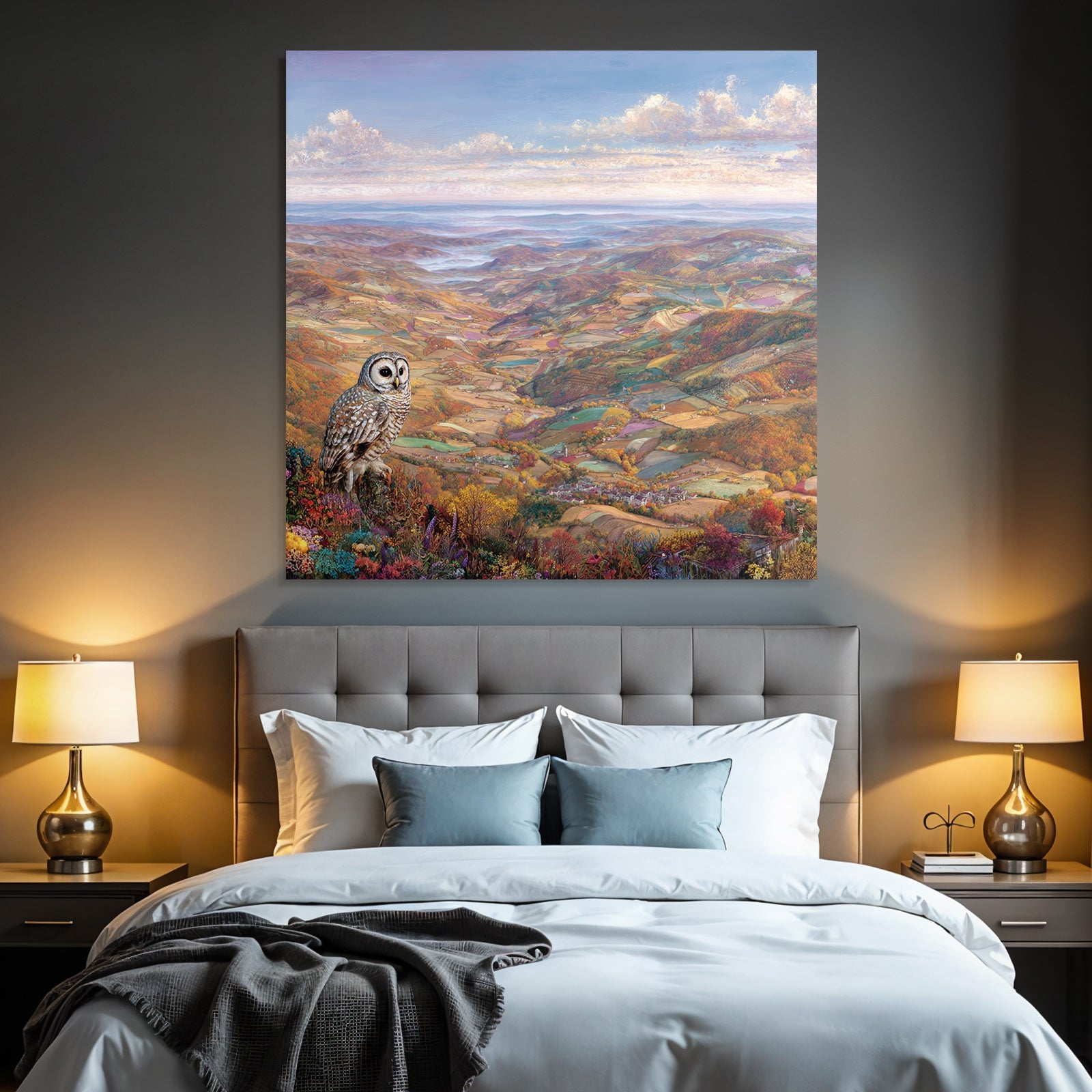 Malerische Landschaft Mit Eulen Im Autumn Folien Und Blumen