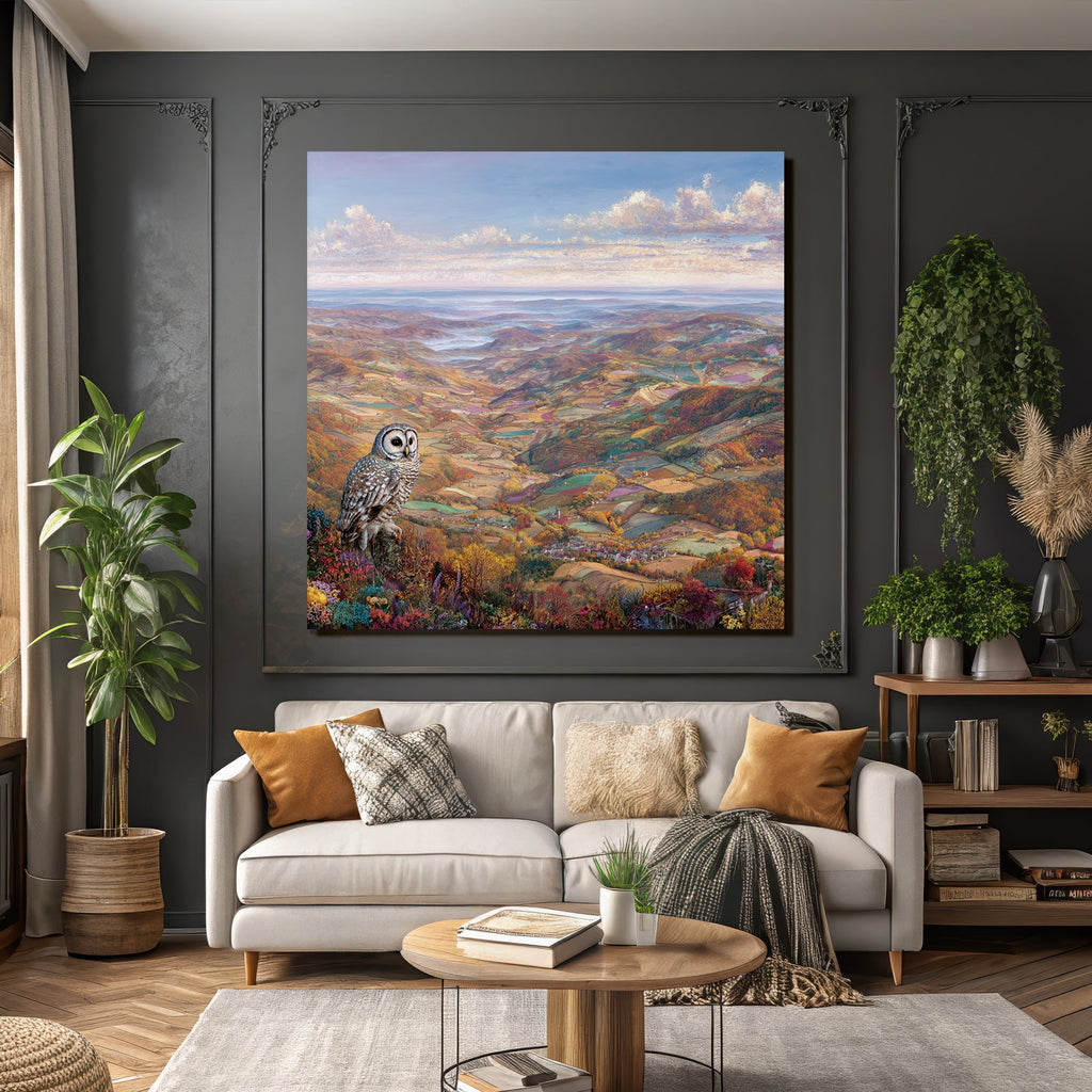 Malerische Landschaft Mit Eulen Im Autumn Folien Und Blumen