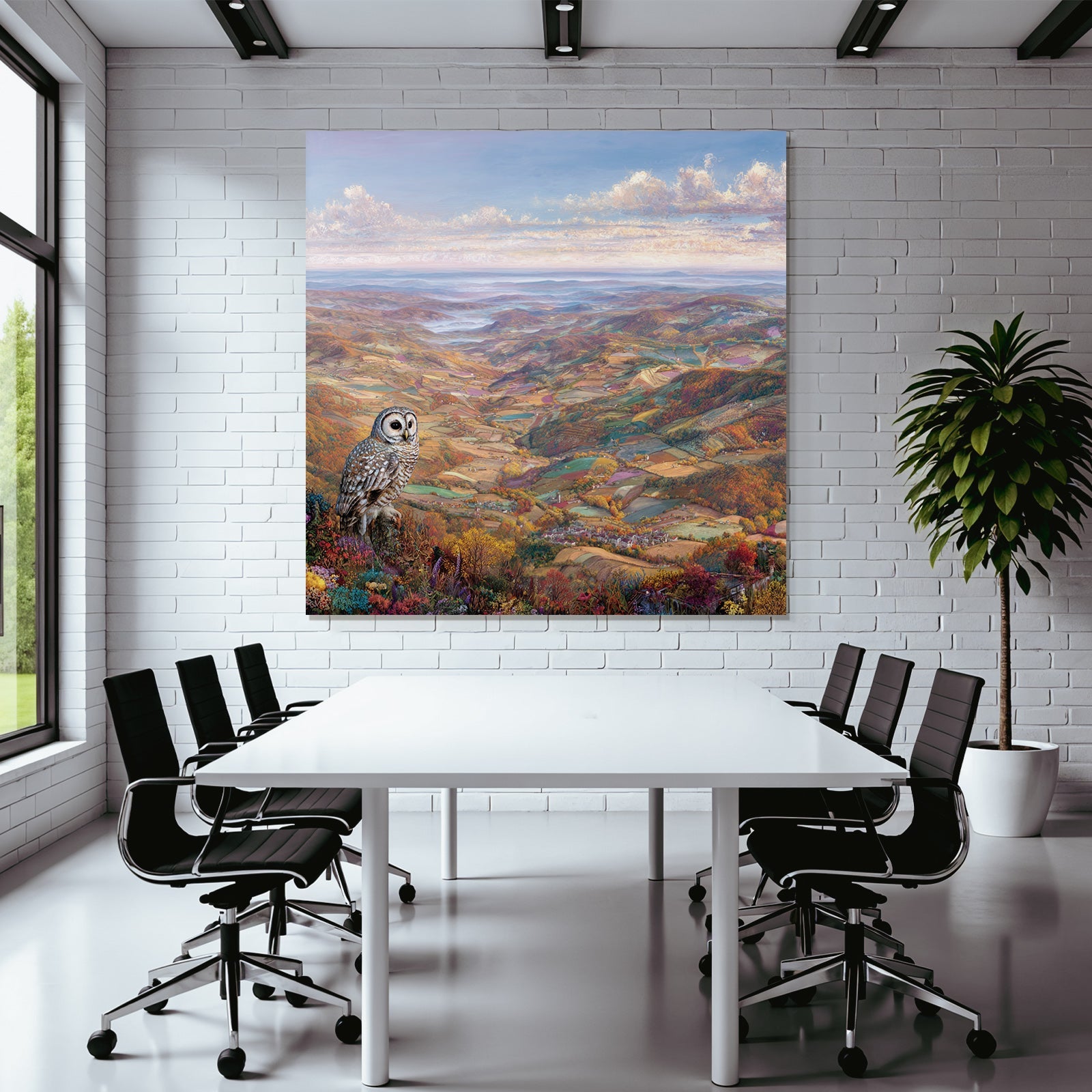Malerische Landschaft Mit Eulen Im Autumn Folien Und Blumen