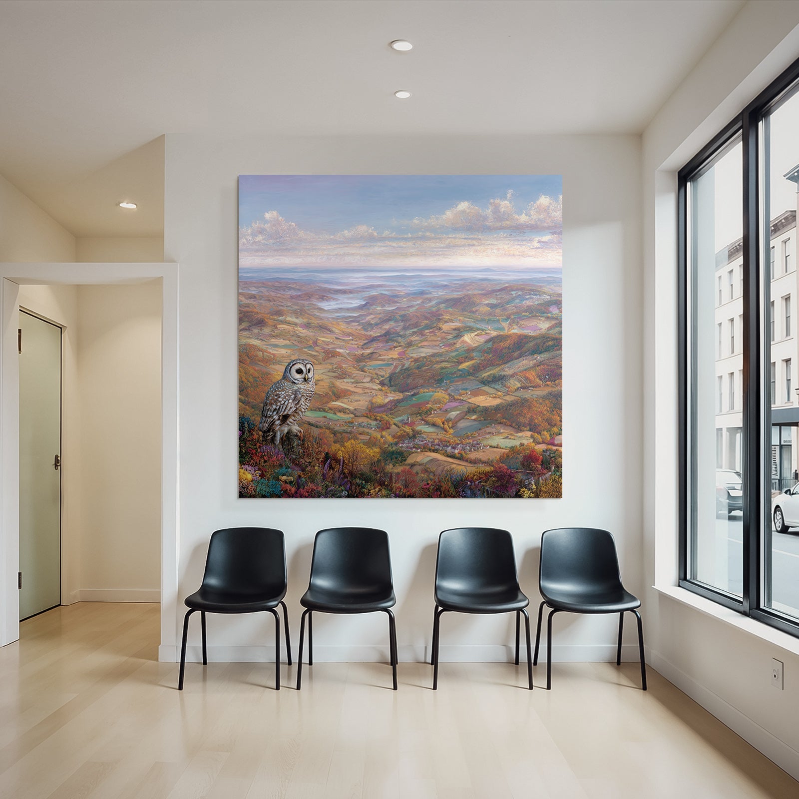 Malerische Landschaft Mit Eulen Im Autumn Folien Und Blumen