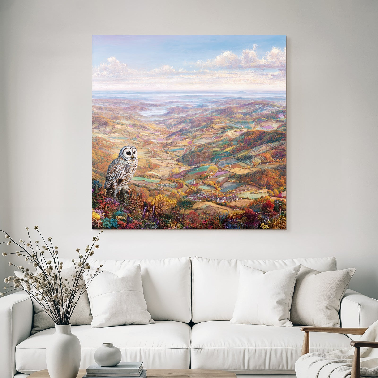 Malerische Landschaft Mit Eulen Im Autumn Folien Und Blumen