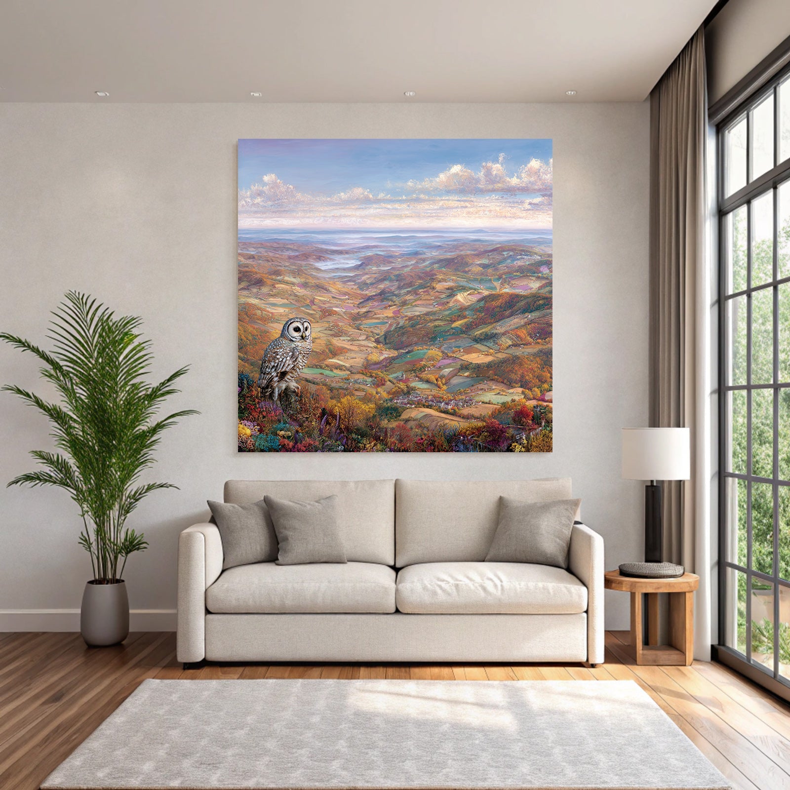 Malerische Landschaft Mit Eulen Im Autumn Folien Und Blumen
