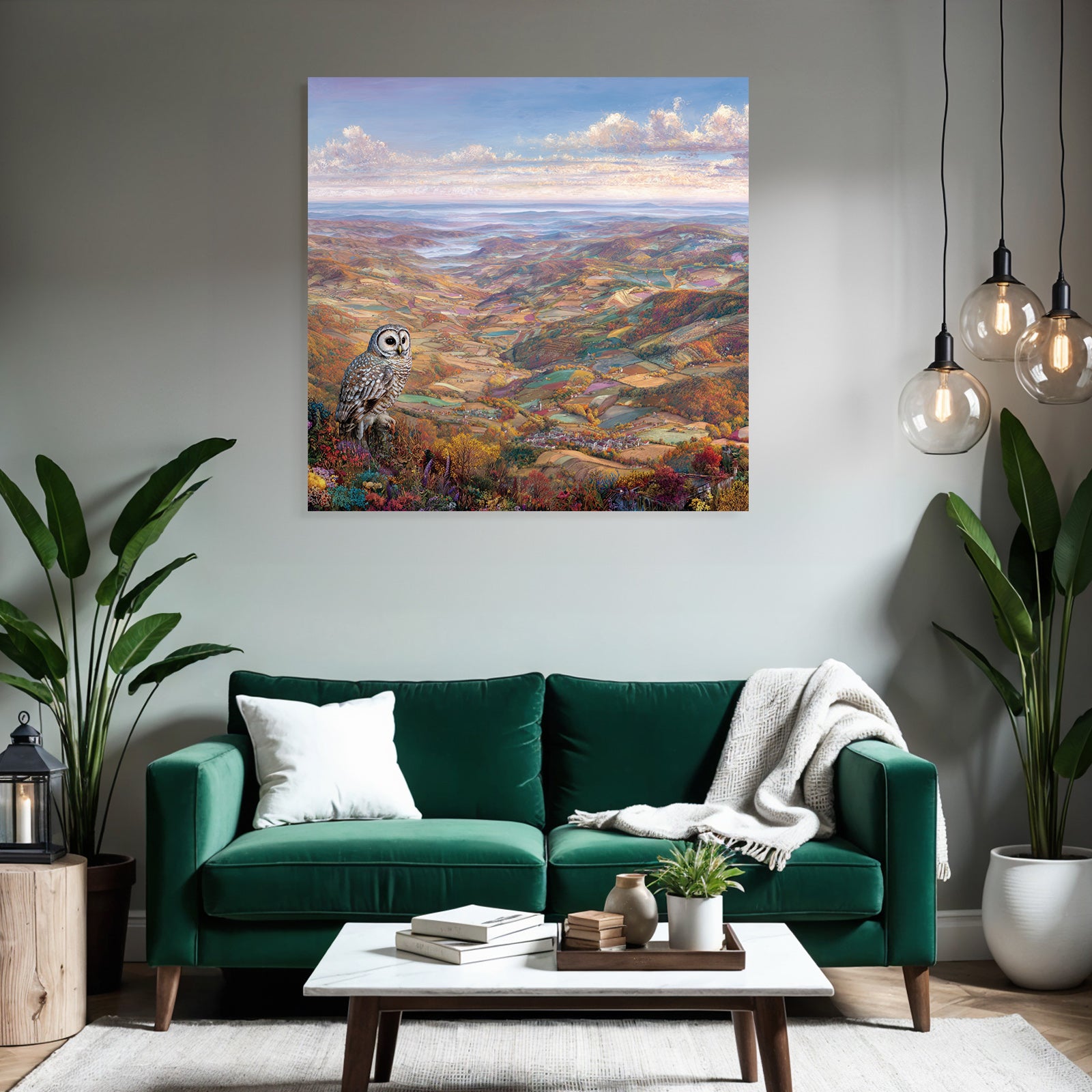 Malerische Landschaft Mit Eulen Im Autumn Folien Und Blumen