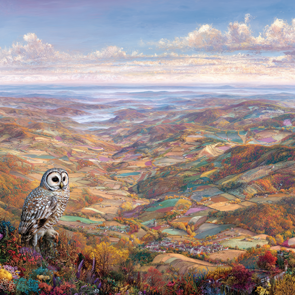Malerische Landschaft Mit Eulen Im Autumn Folien Und Blumen | Herbst | Jahreszeiten