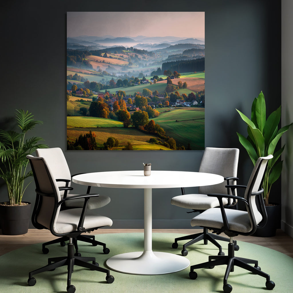 Ruhige Landschaft Von Hügeln Und Tälern Mit Farben Und Nebel Im Hintergrund