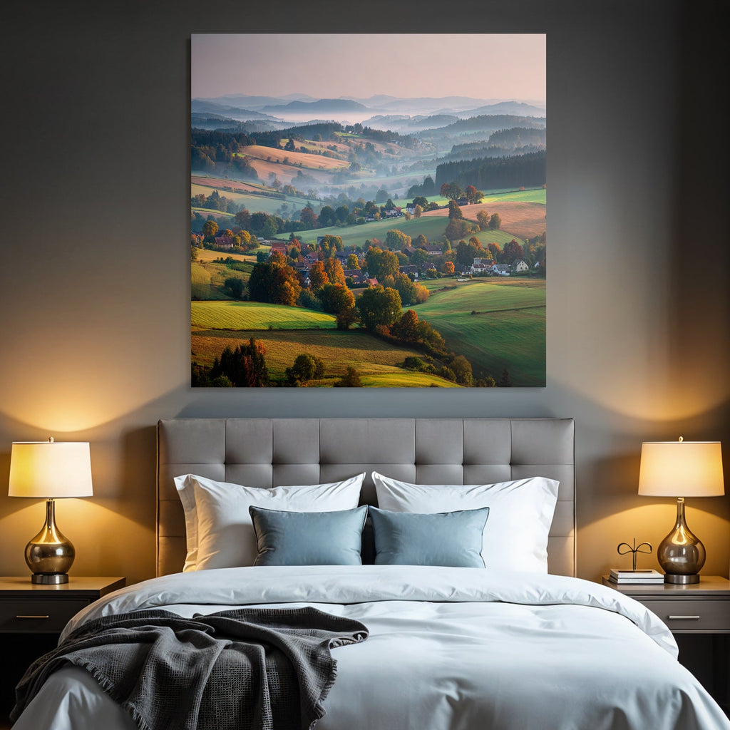 Ruhige Landschaft Von Hügeln Und Tälern Mit Farben Und Nebel Im Hintergrund