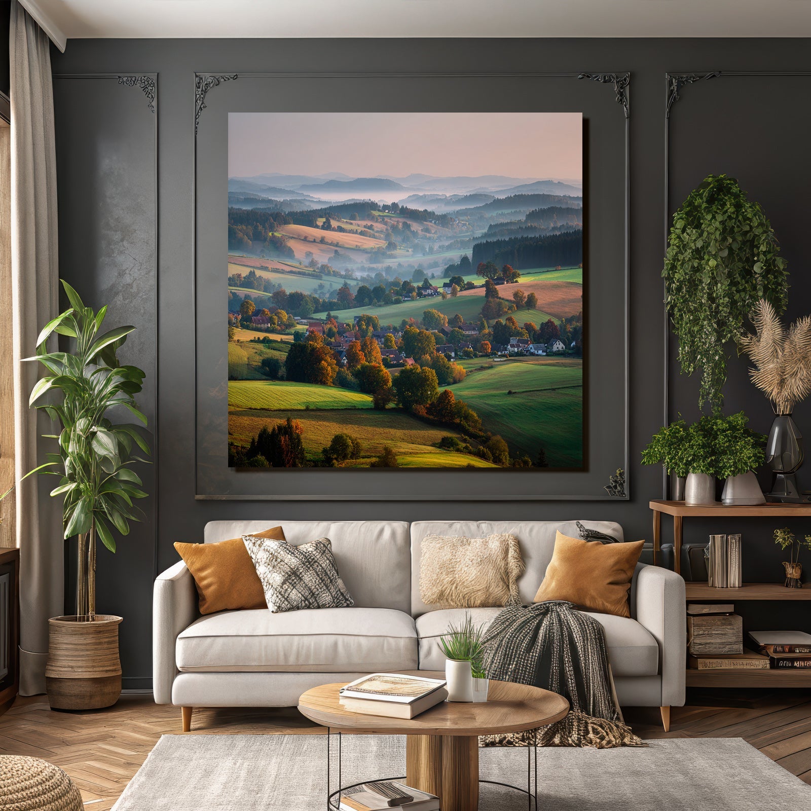 Ruhige Landschaft Von Hügeln Und Tälern Mit Farben Und Nebel Im Hintergrund