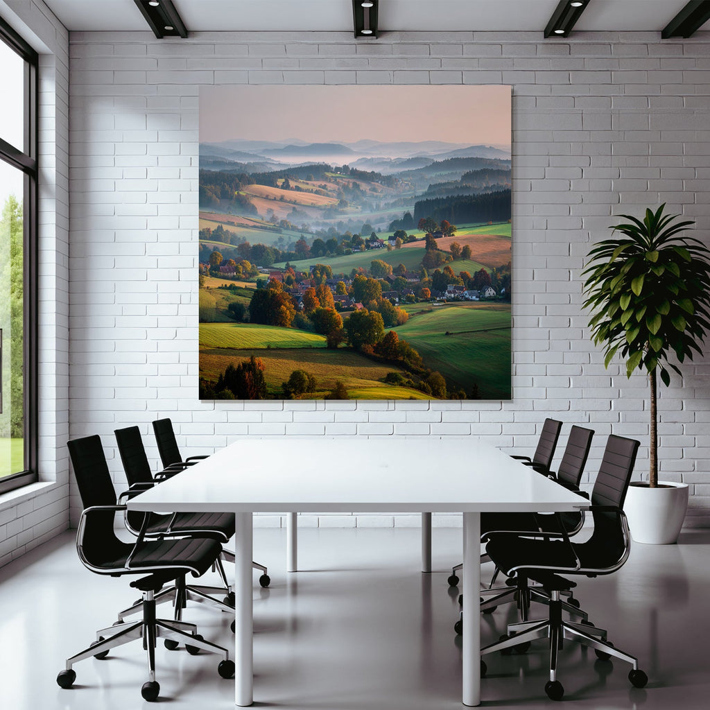 Ruhige Landschaft Von Hügeln Und Tälern Mit Farben Und Nebel Im Hintergrund