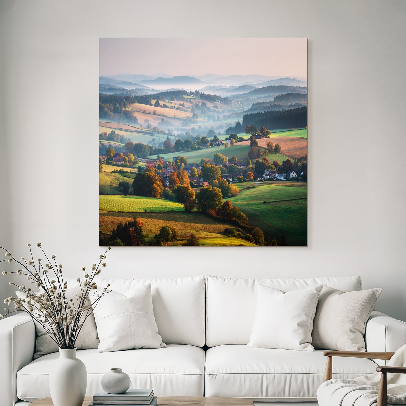 Ruhige Landschaft Von Hügeln Und Tälern Mit Farben Und Nebel Im Hintergrund