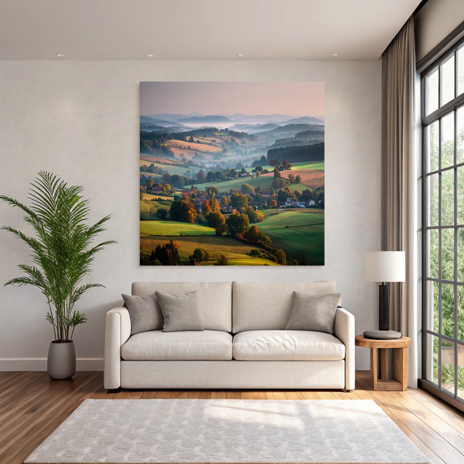 Ruhige Landschaft Von Hügeln Und Tälern Mit Farben Und Nebel Im Hintergrund
