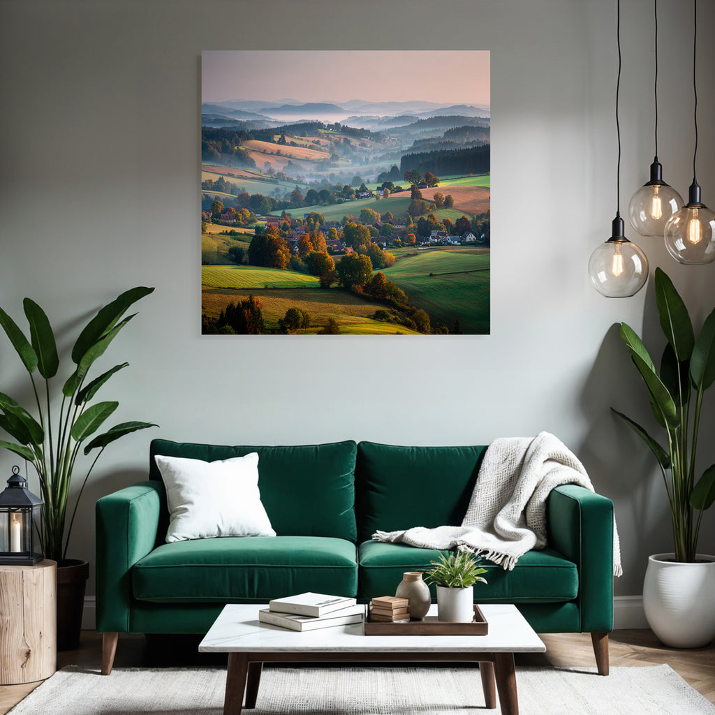 Ruhige Landschaft Von Hügeln Und Tälern Mit Farben Und Nebel Im Hintergrund