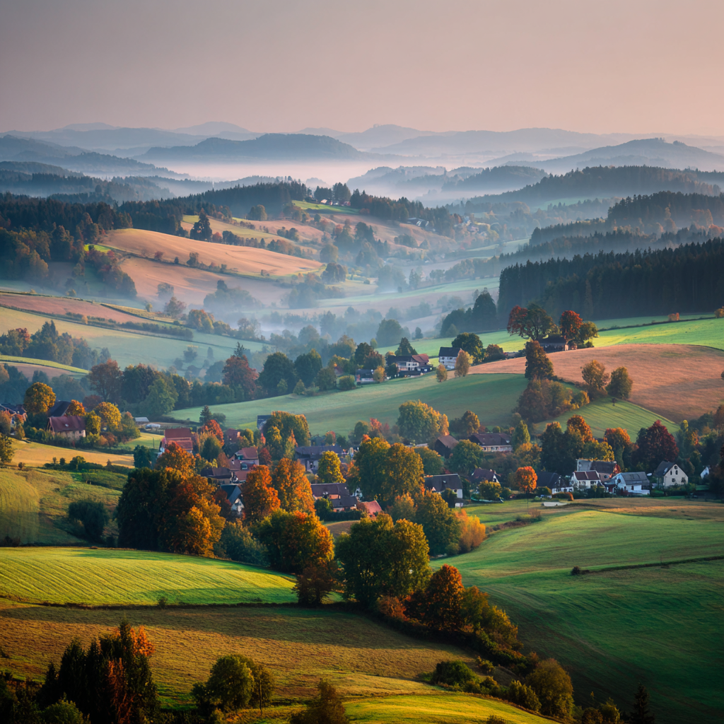 Ruhige Landschaft Von Hügeln Und Tälern Mit Farben Und Nebel Im Hintergrund | Herbst | Jahreszeiten