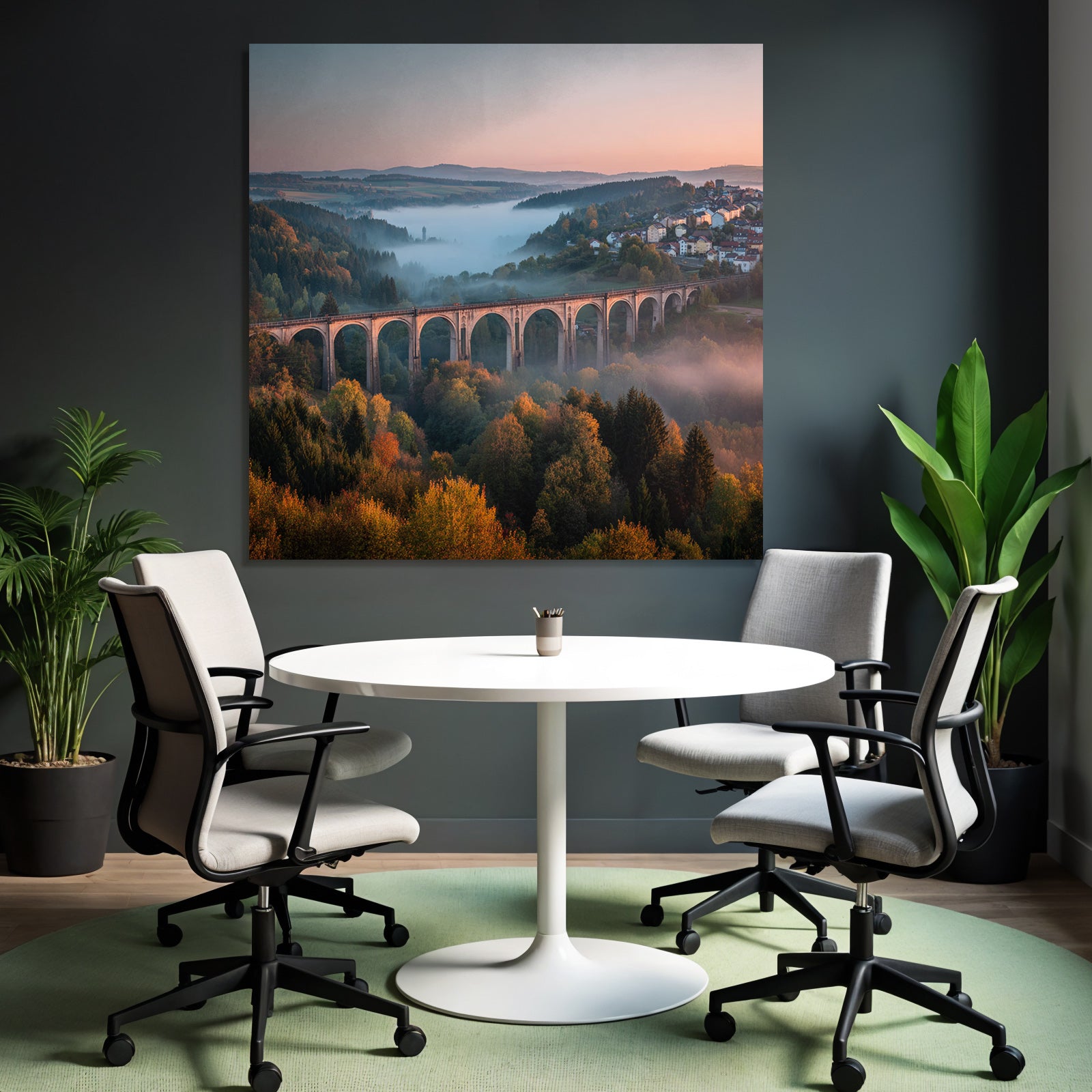 Viadukt Im Morgengraün Mit Nebel Und Grüner Landschaft