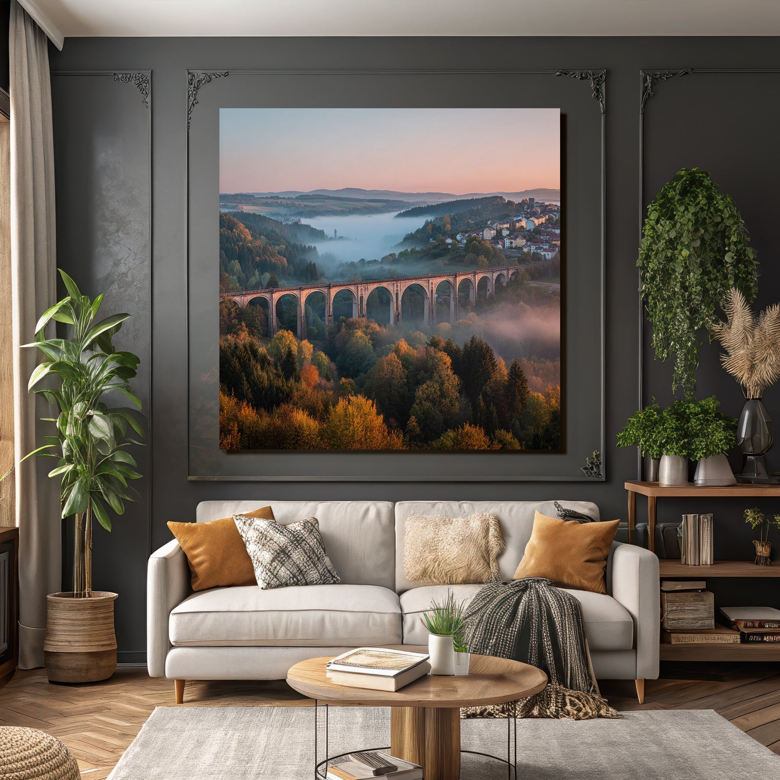 Viadukt Im Morgengraün Mit Nebel Und Grüner Landschaft