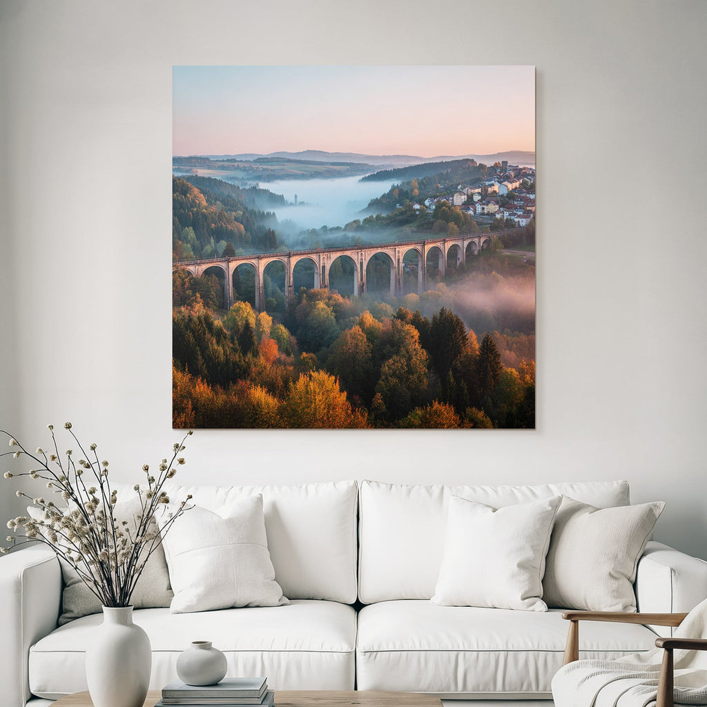 Viadukt Im Morgengraün Mit Nebel Und Grüner Landschaft