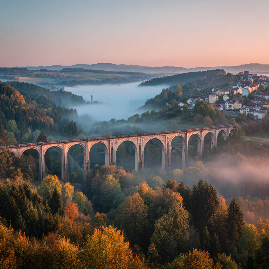 Viadukt Im Morgengraün Mit Nebel Und Grüner Landschaft | Herbst | Jahreszeiten