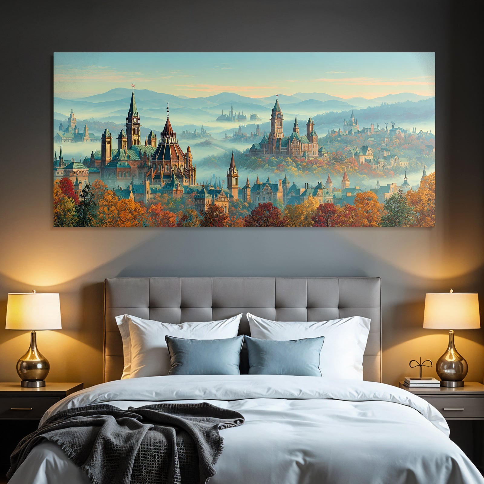 Fantastische Stadtlandschaft Im Mit Mystischer Berghintergrund