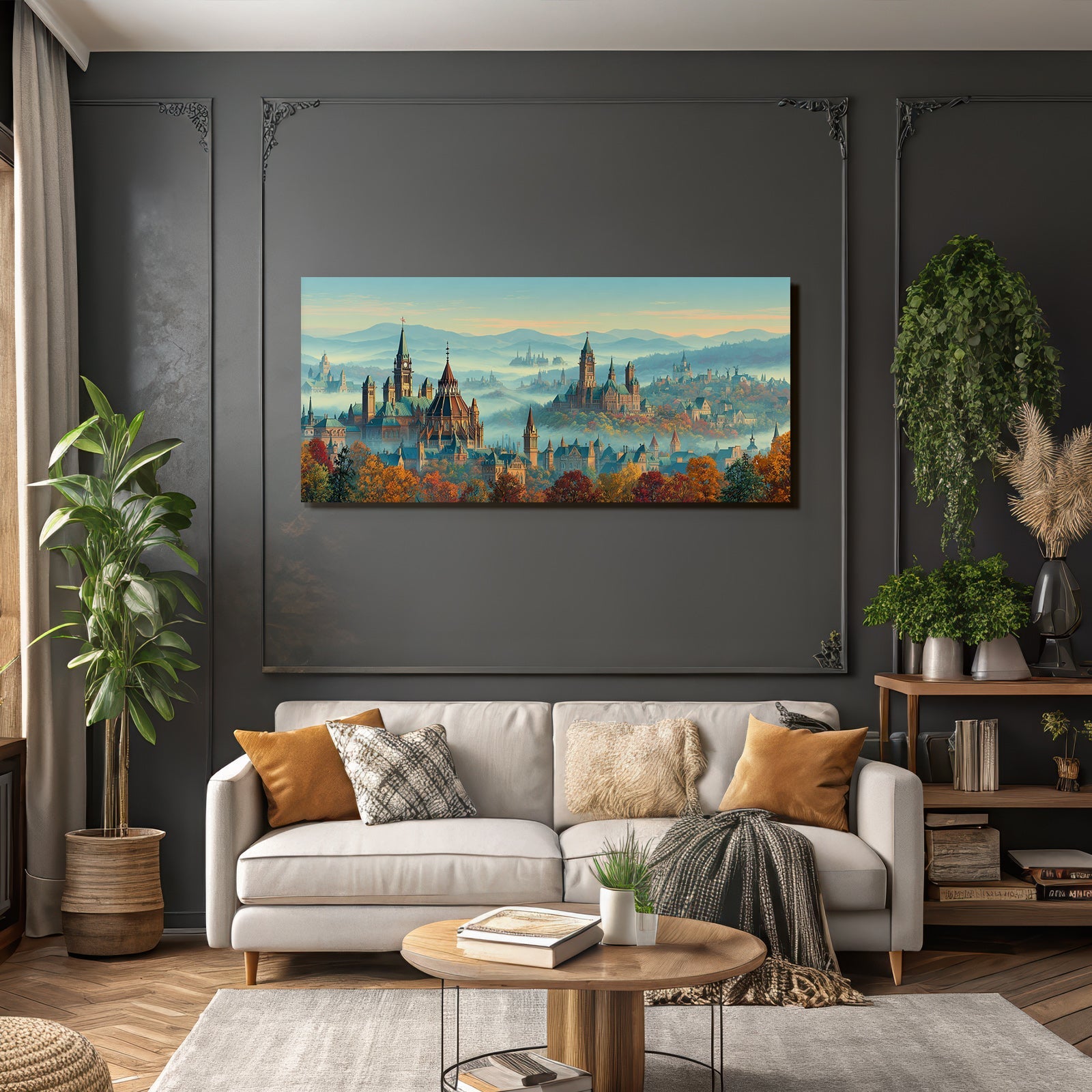 Fantastische Stadtlandschaft Im Mit Mystischer Berghintergrund