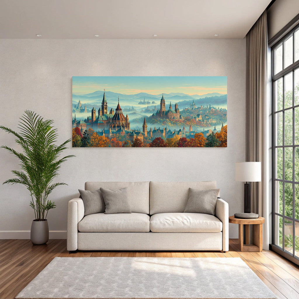Fantastische Stadtlandschaft Im Mit Mystischer Berghintergrund