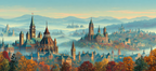 Fantastische Stadtlandschaft Im Mit Mystischer Berghintergrund | Herbst | Jahreszeiten