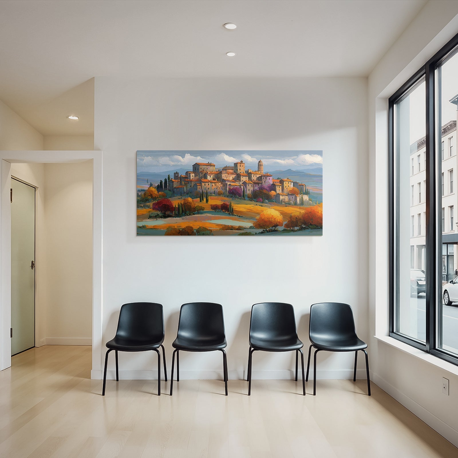 Hügelige Landlandschaft Mit Dorfbewohnung Im Impressionistisch