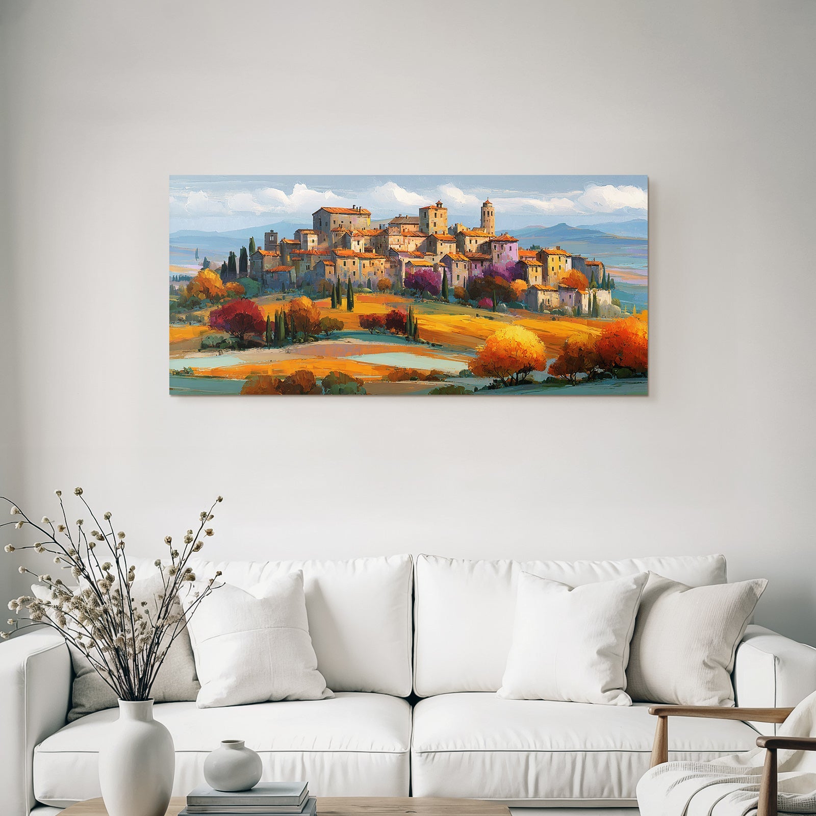 Hügelige Landlandschaft Mit Dorfbewohnung Im Impressionistisch