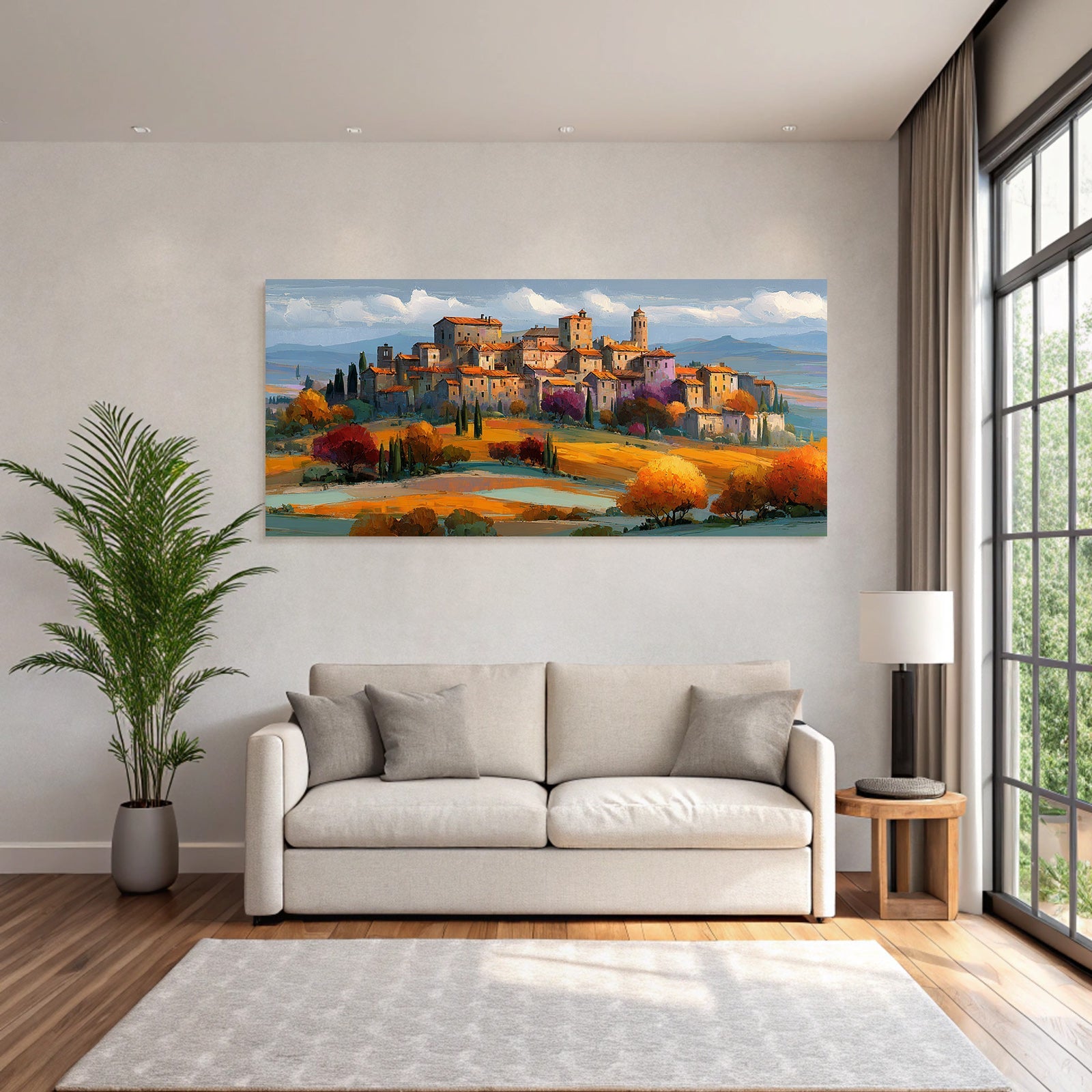 Hügelige Landlandschaft Mit Dorfbewohnung Im Impressionistisch