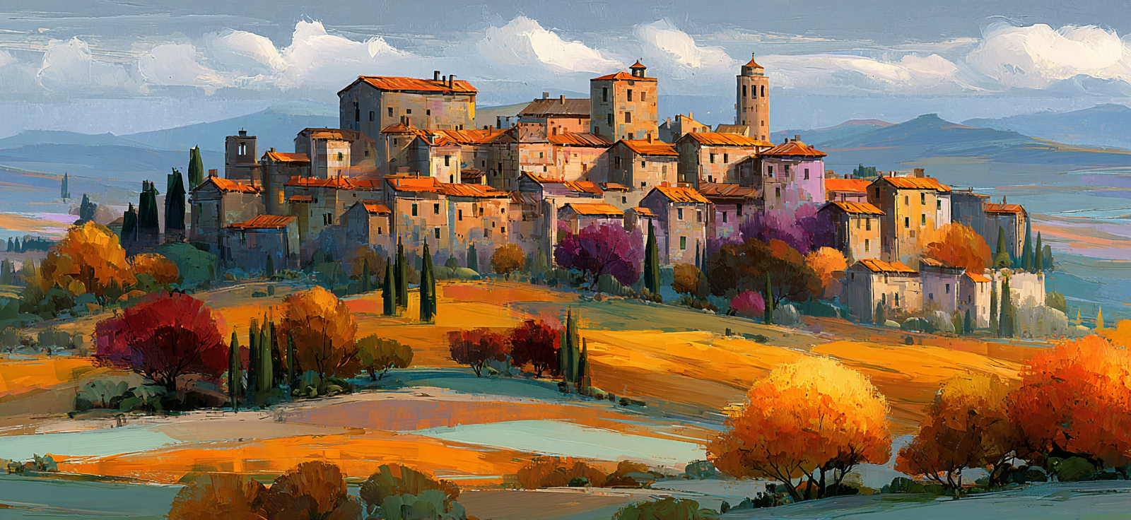Hügelige Landlandschaft Mit Dorfbewohnung Im Impressionistisch | Herbst | Jahreszeiten