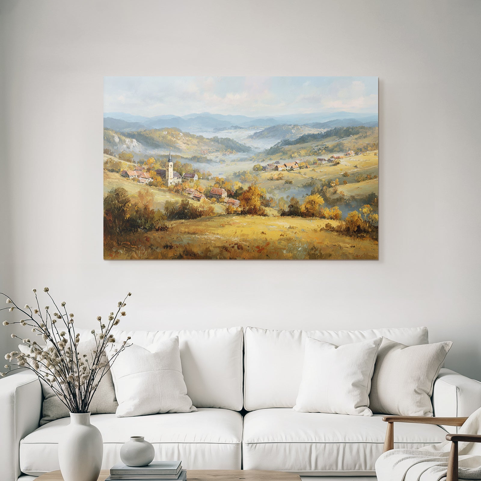 Idyllische Landschaft Mit Dorf Und Laub