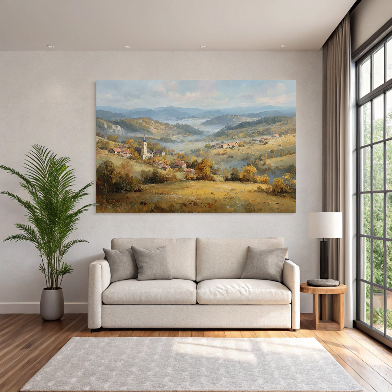 Idyllische Landschaft Mit Dorf Und Laub