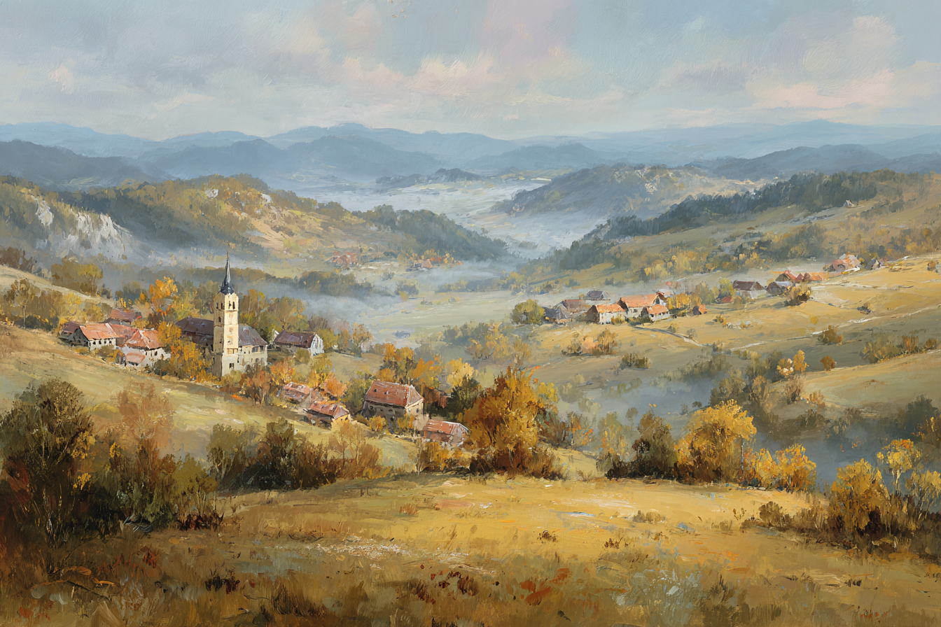 Idyllische Landschaft Mit Dorf Und Laub | Herbst | Jahreszeiten