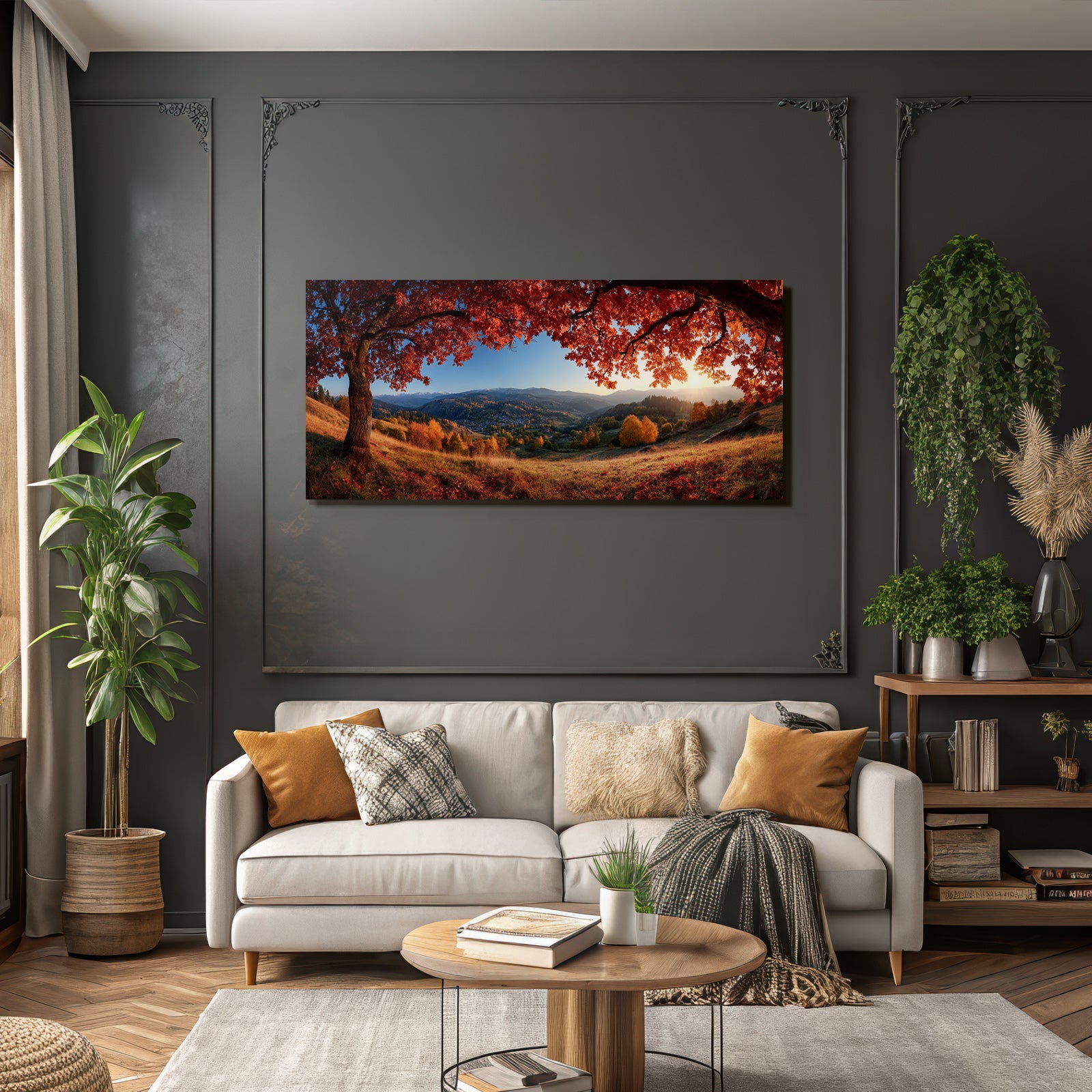 Landschaft Mit Bäumen Und Bergen Im Hintergrund Sonnenuntergang