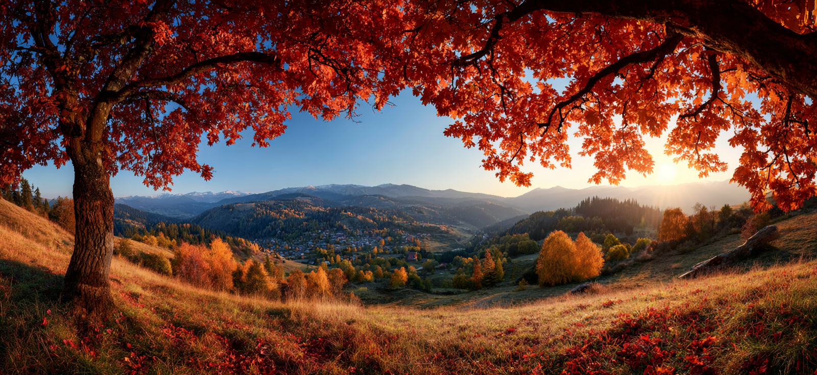 Landschaft Mit Bäumen Und Bergen Im Hintergrund Sonnenuntergang | Herbst | Jahreszeiten