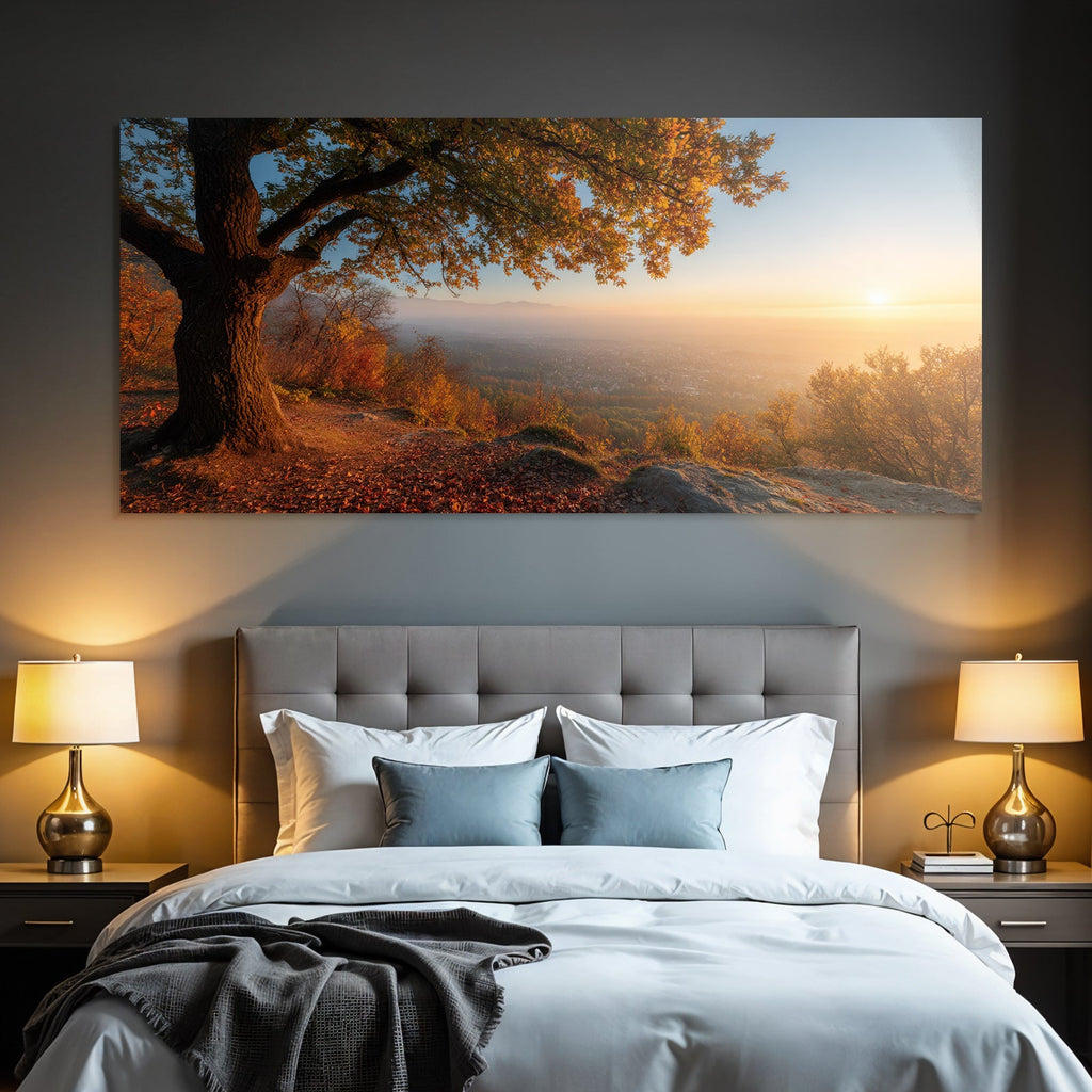 Landschaft Mit Baum Im Sonnenuntergang Valley Mountains Misty Horizon
