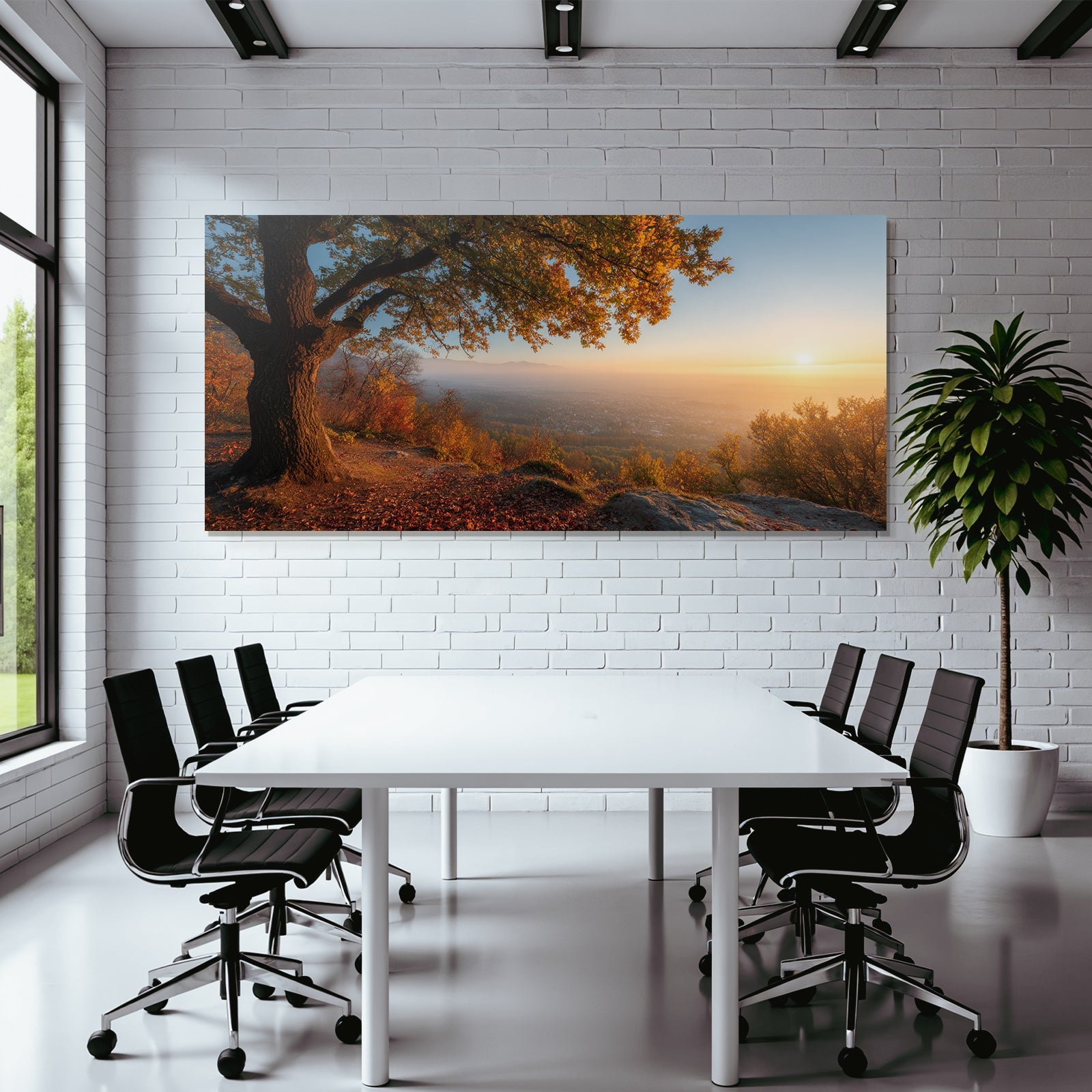 Landschaft Mit Baum Im Sonnenuntergang Valley Mountains Misty Horizon