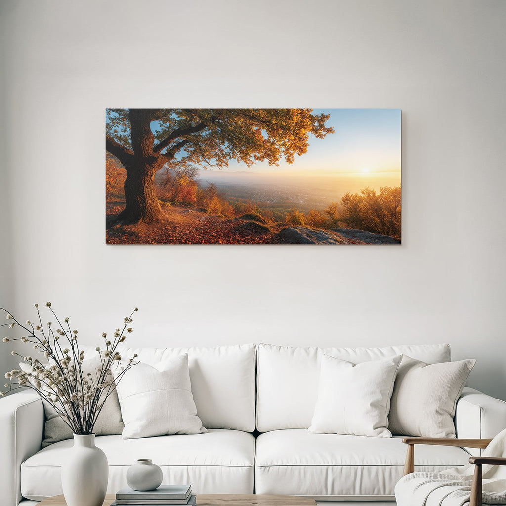 Landschaft Mit Baum Im Sonnenuntergang Valley Mountains Misty Horizon