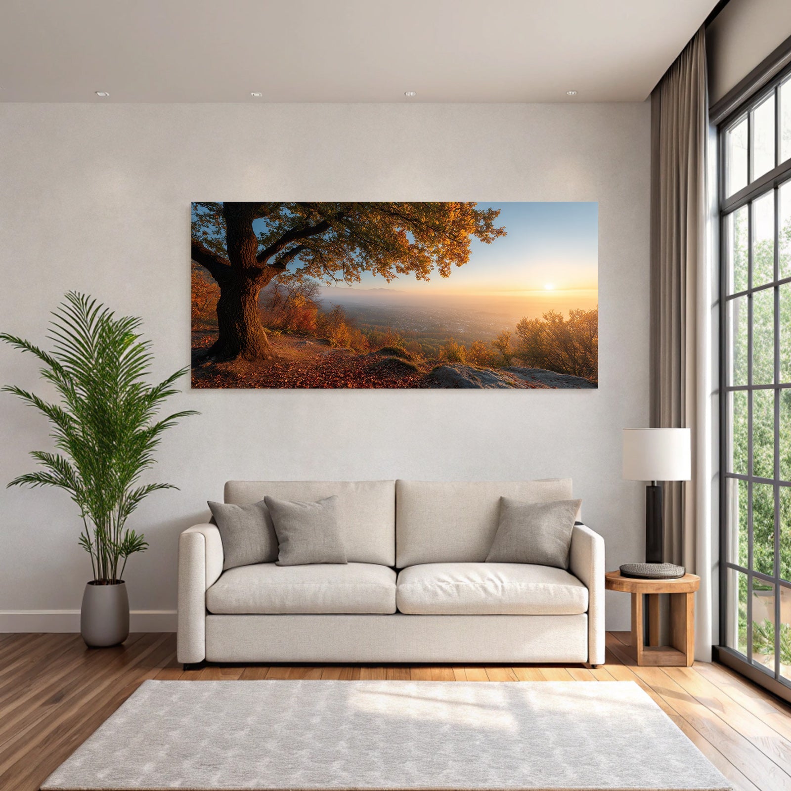 Landschaft Mit Baum Im Sonnenuntergang Valley Mountains Misty Horizon
