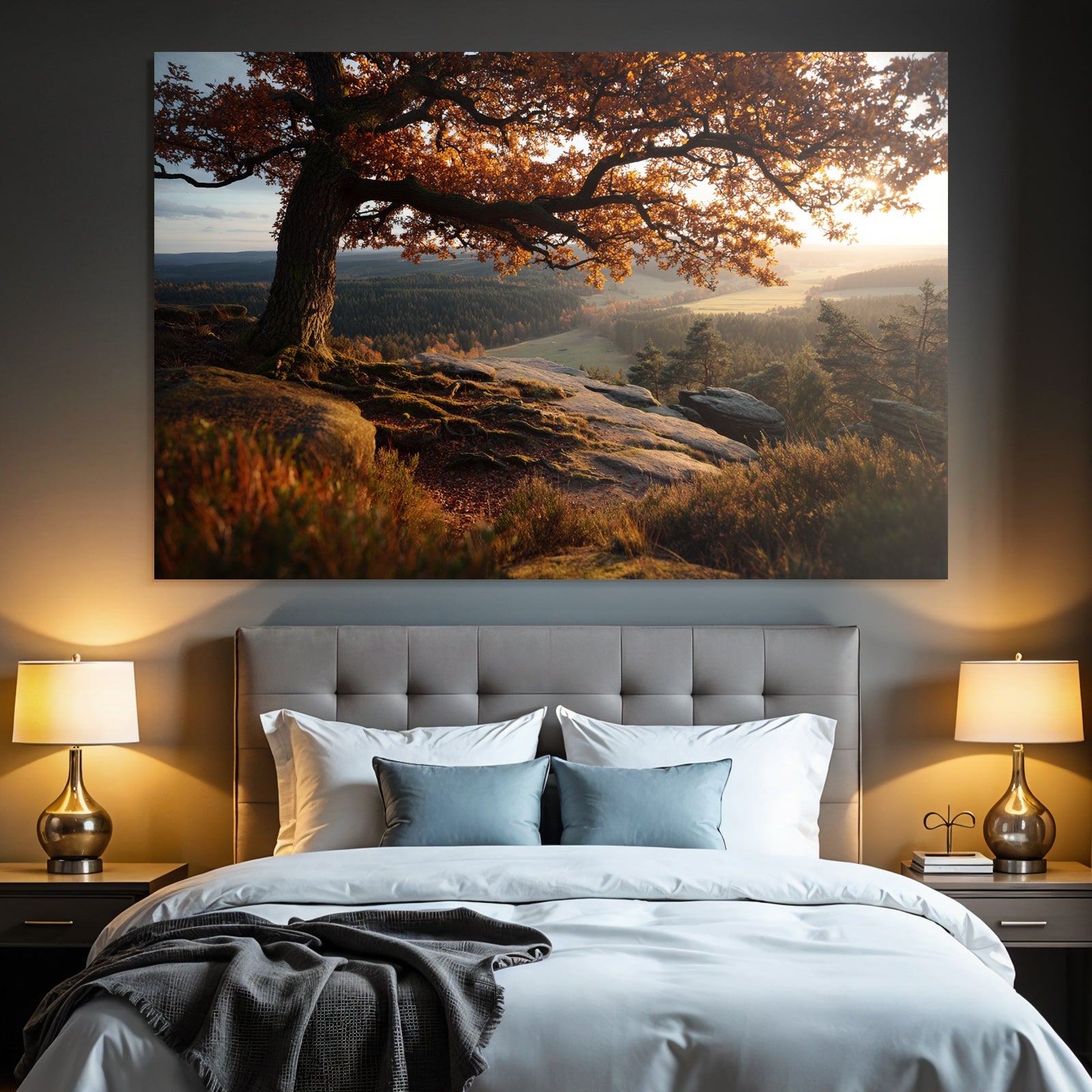 Landschaft Mit Baum Und Hügel Sonnenaufgang Oder Sonnenuntergang