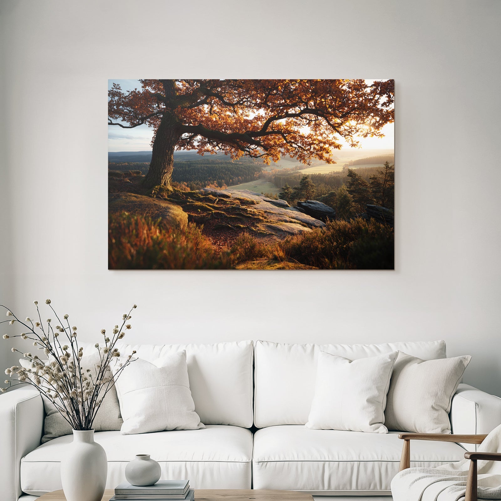 Landschaft Mit Baum Und Hügel Sonnenaufgang Oder Sonnenuntergang